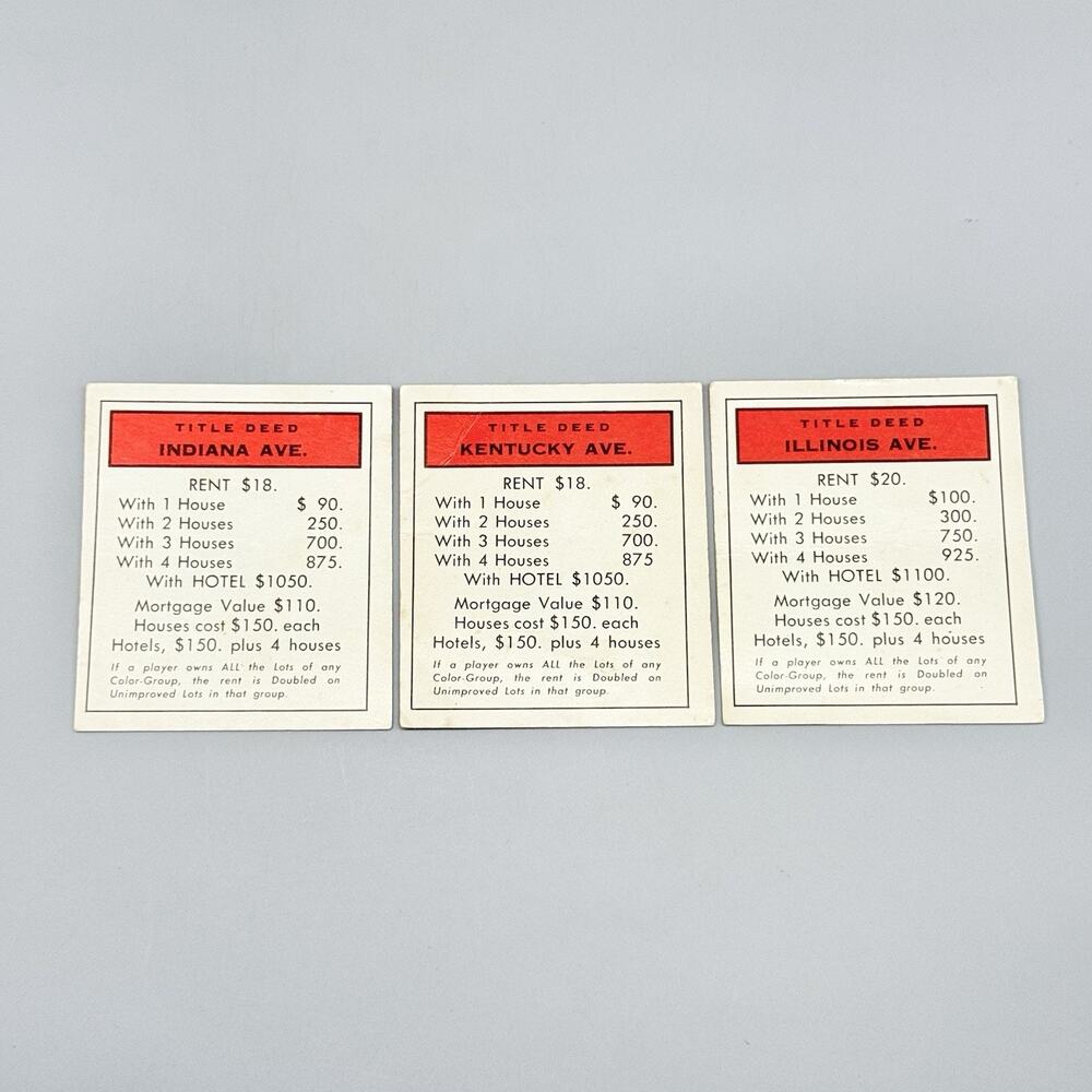 Parker Brothers 1961 Vintage Monopoly #9 Board Game Replacement 3 Red Deeds
